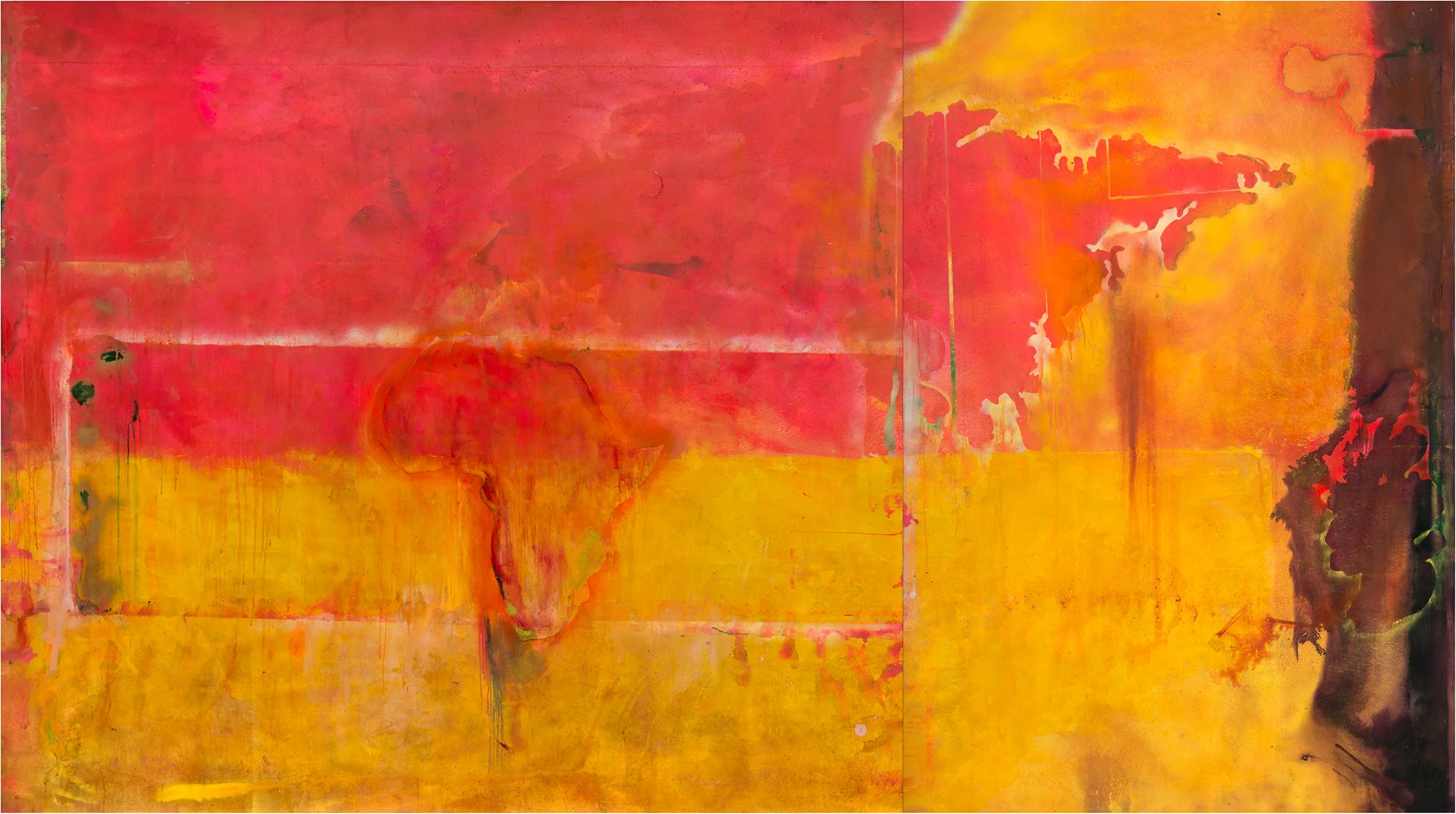 Frank Bowling, Dog Daze (A to A) , 1971 | Diptych; acrylic and spray paint on canvas | 273.6 x 492 cm | Private Collection, Germany
