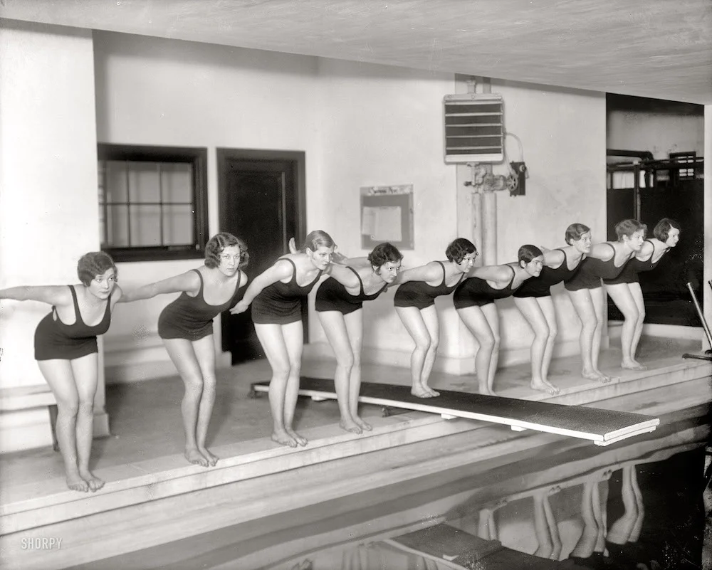 Washington, D.C., circa 1930. "Marjorie Webster School swimmers." Harris & Ewing Collection glass negative.