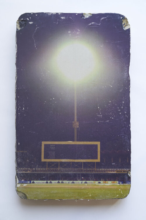  Letter 4: sun and the score board 2019 Laser jet print transfer, lithography stone 44 x 27.5 x 4.5 cm 