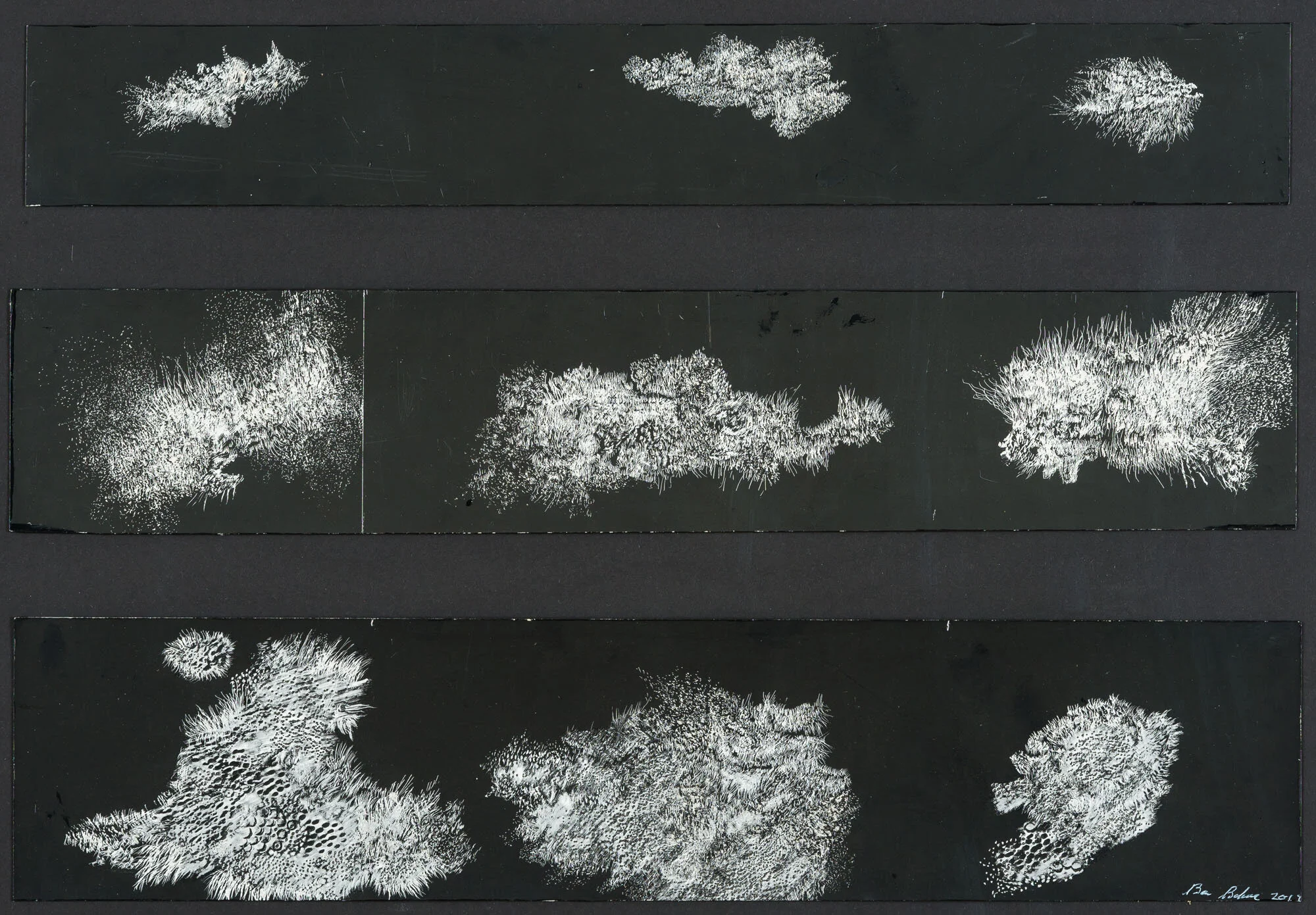 post-diagnosis i-iii<p font-weight="200">2015<br>scraperboard<br>7.5 x 49 cm, 9.5 x 50 cm, 11.5 x 50 cm</p>