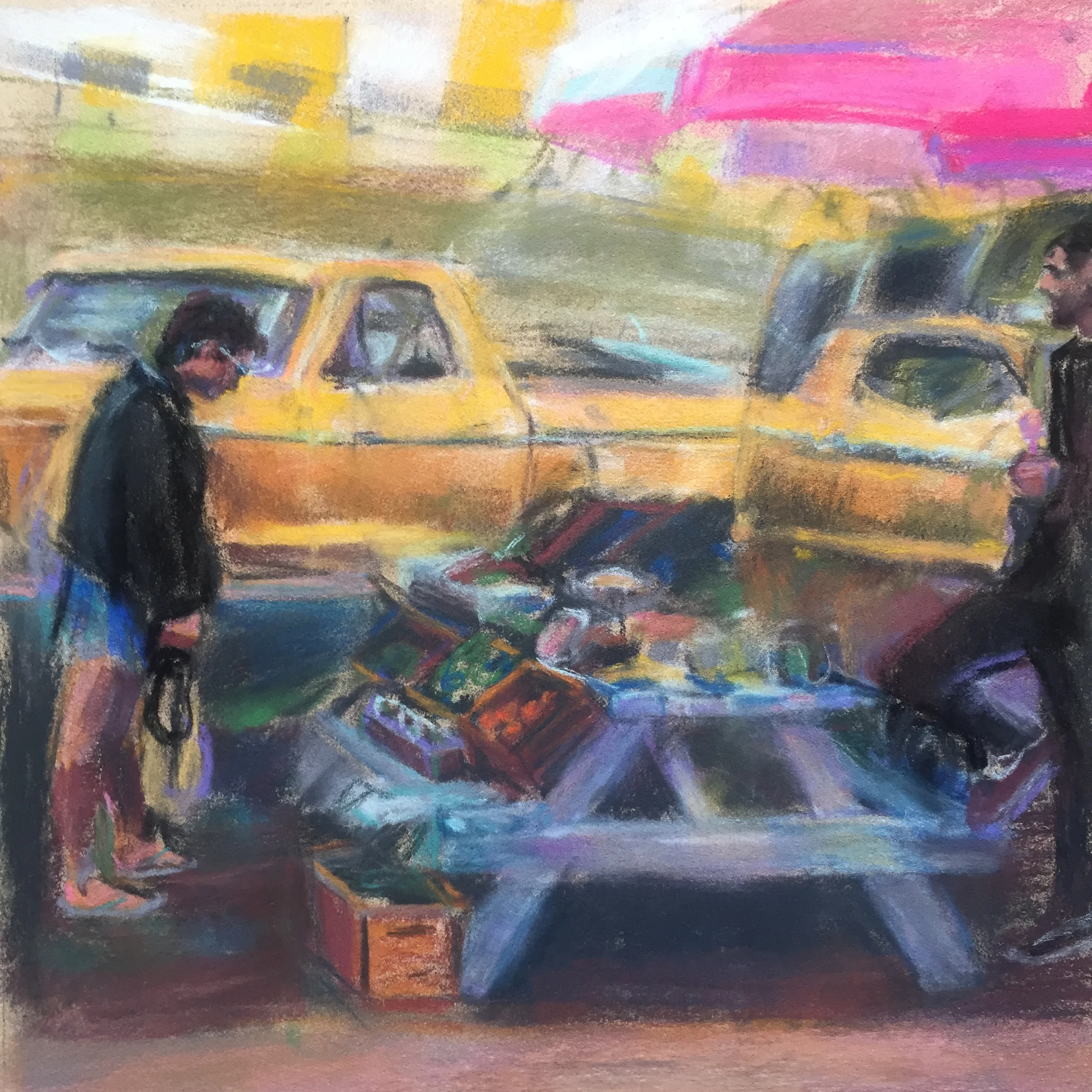 Farmers Market Malibu Pier, 2018, 11"x11", pastel on paper. 