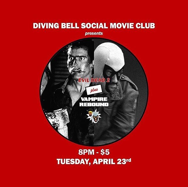 SCREENING TONIGHT/CE SOIR @divingbellsocialmovieclub:🍿Evil Dead 2 (restoration) &amp; local short film &quot;Vampire Rebound&quot; by @the_filmmaker_🦇 Free popcorn!
8 pm doors | 9 pm showtime | $5 entry
*
Don't forget you can submit your own short 
