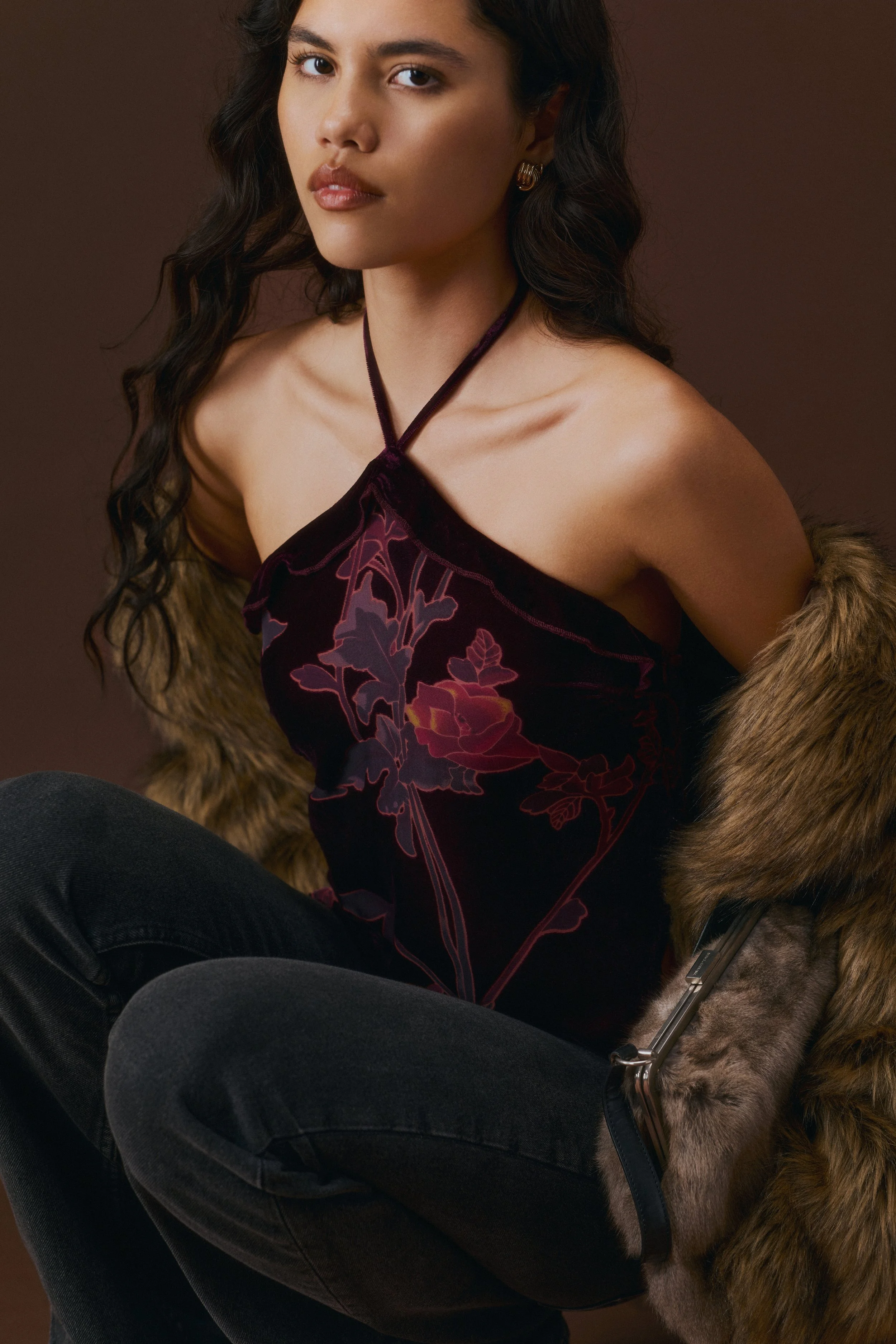 FIORELLA TOP FLORAL DEVORE BURGUNDY RIGID LOW RISE FLARE JEANS WASHED BLACK GREY 3.jpg