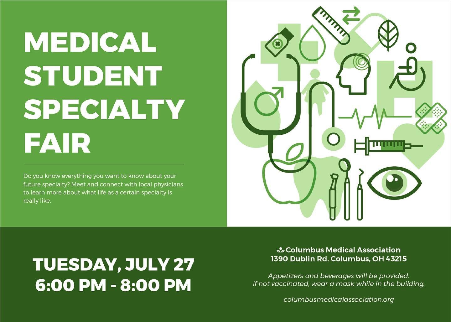 Calling all medical students, join us at the CMA on Tuesday, July 27, from 6-8pm for our first Medical Student Speciality Fair!

Learn more! https://conta.cc/3gJj3fd

#ohio #medicalstudents #medicalspecialties #columbusohio