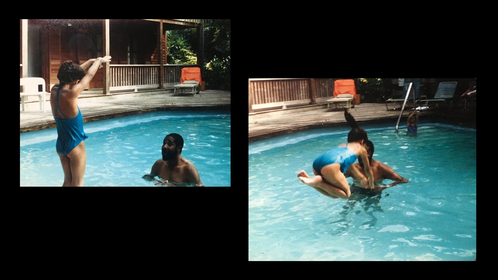 Learning to swim in Key West, Florida. After my Jamaican father got in the pool we basically had it to ourselves. Perk of racism: doing cannonballs with impunity.