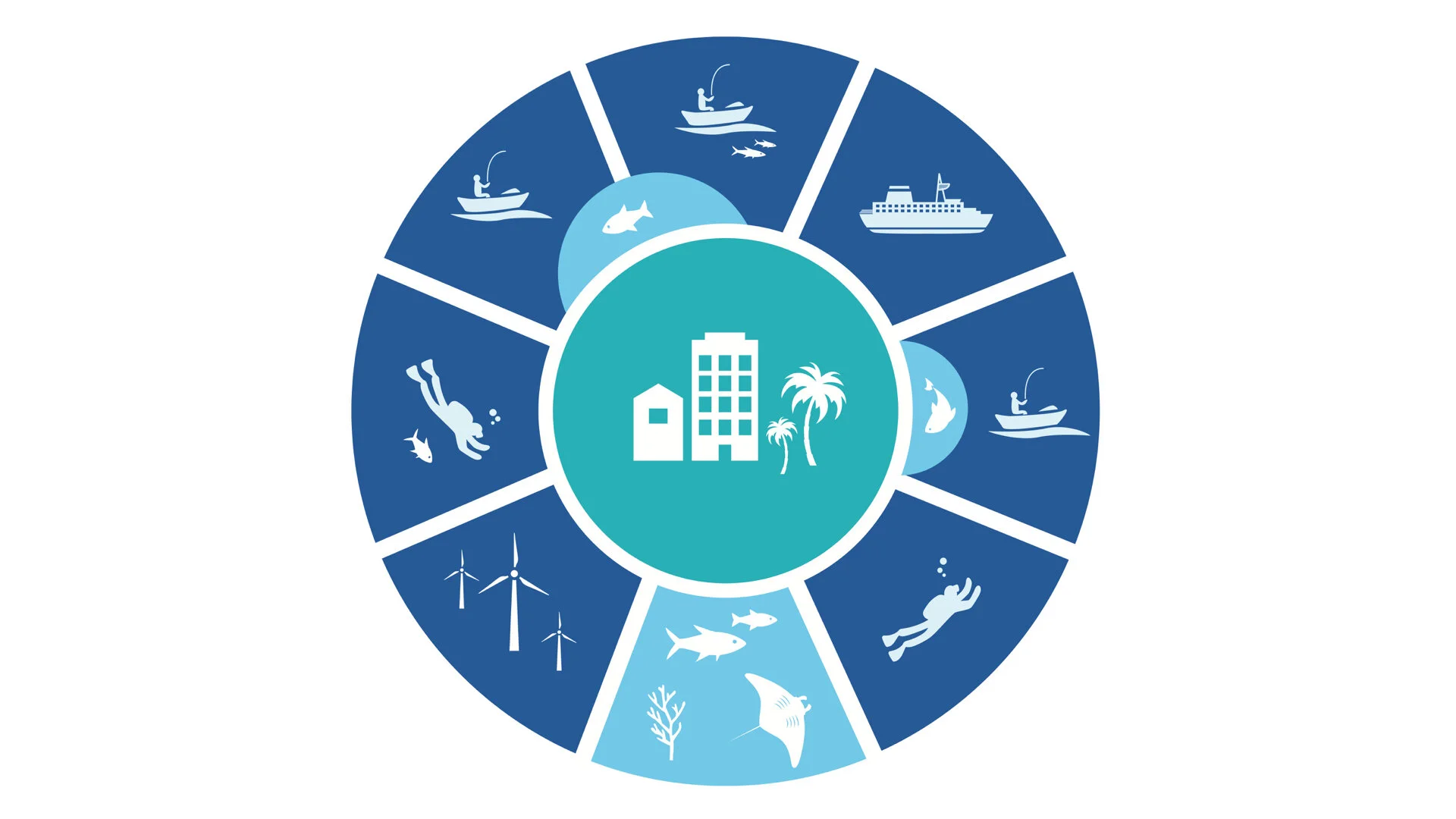 Diagram of ocean zoning, including areas for fishing, SCUBA diving, shipping, offshore energy, and conservation. (Courtesy Waitt Institute)