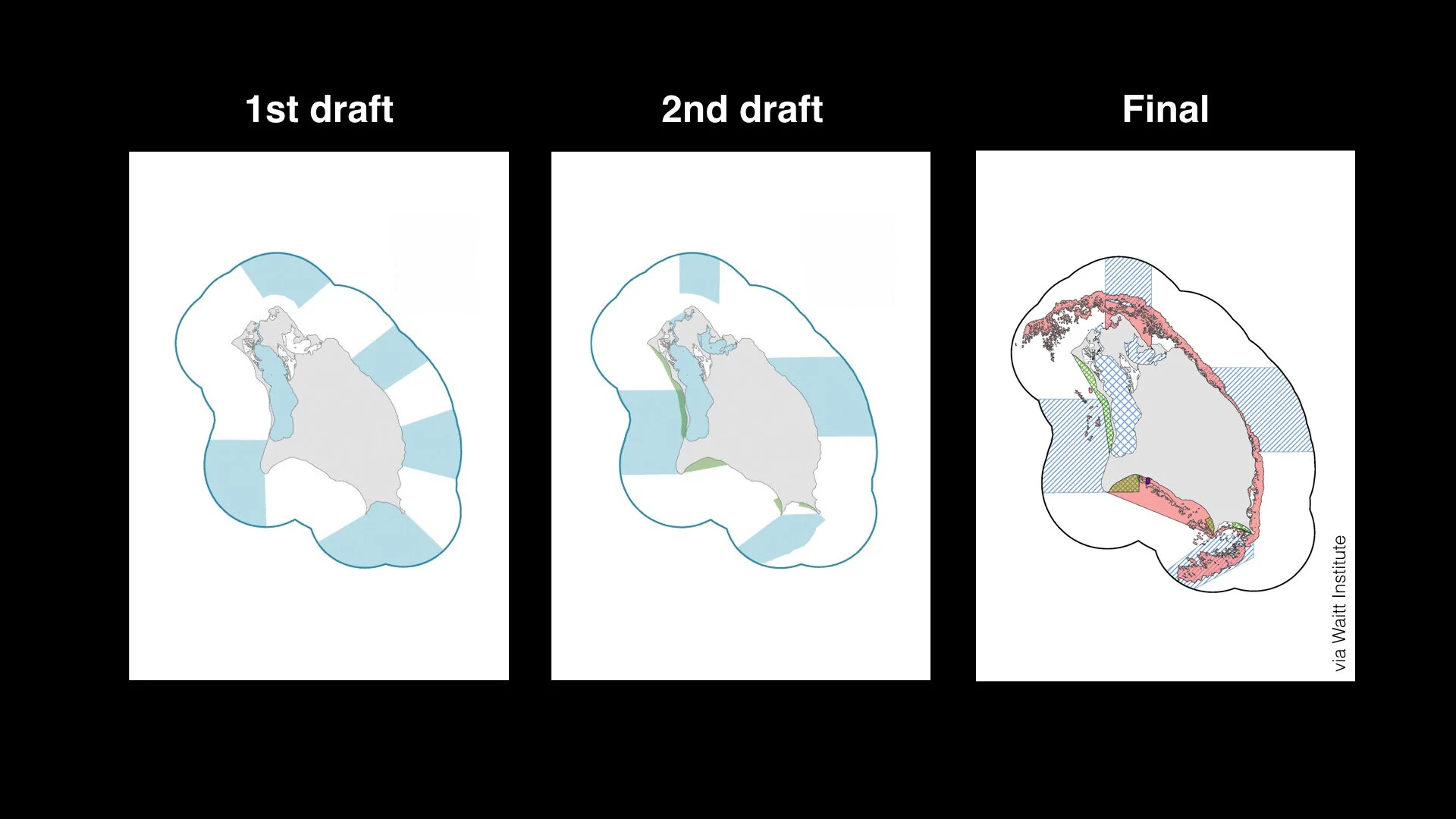 Three iterations of Barbuda’s coastal zoning map, which evolved substantially over 18 months of community input. We used SeaSketch to gather zoning proposals from stakeholders. (Courtesy Waitt Institute)