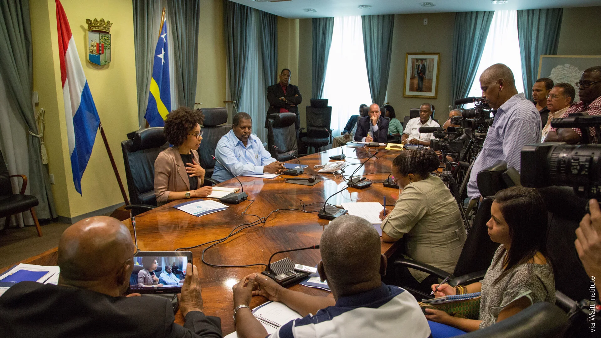 Press conference with Curaçao’s Prime Minister Whiteman, launching the Blue Halo Initiative there. (Courtesy Waitt Institute)