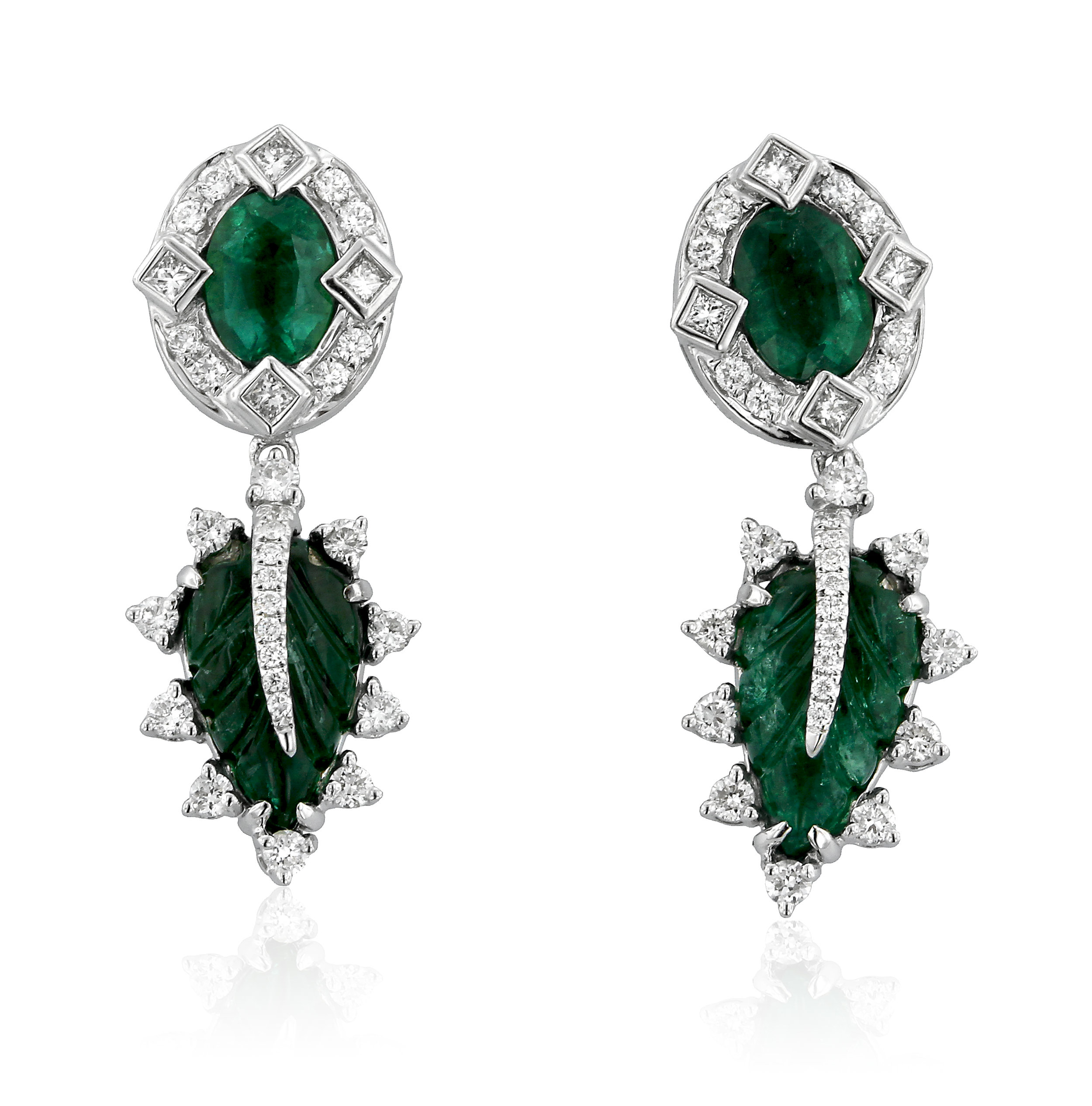 Carved Emerald and Diamond Leaf Earrings