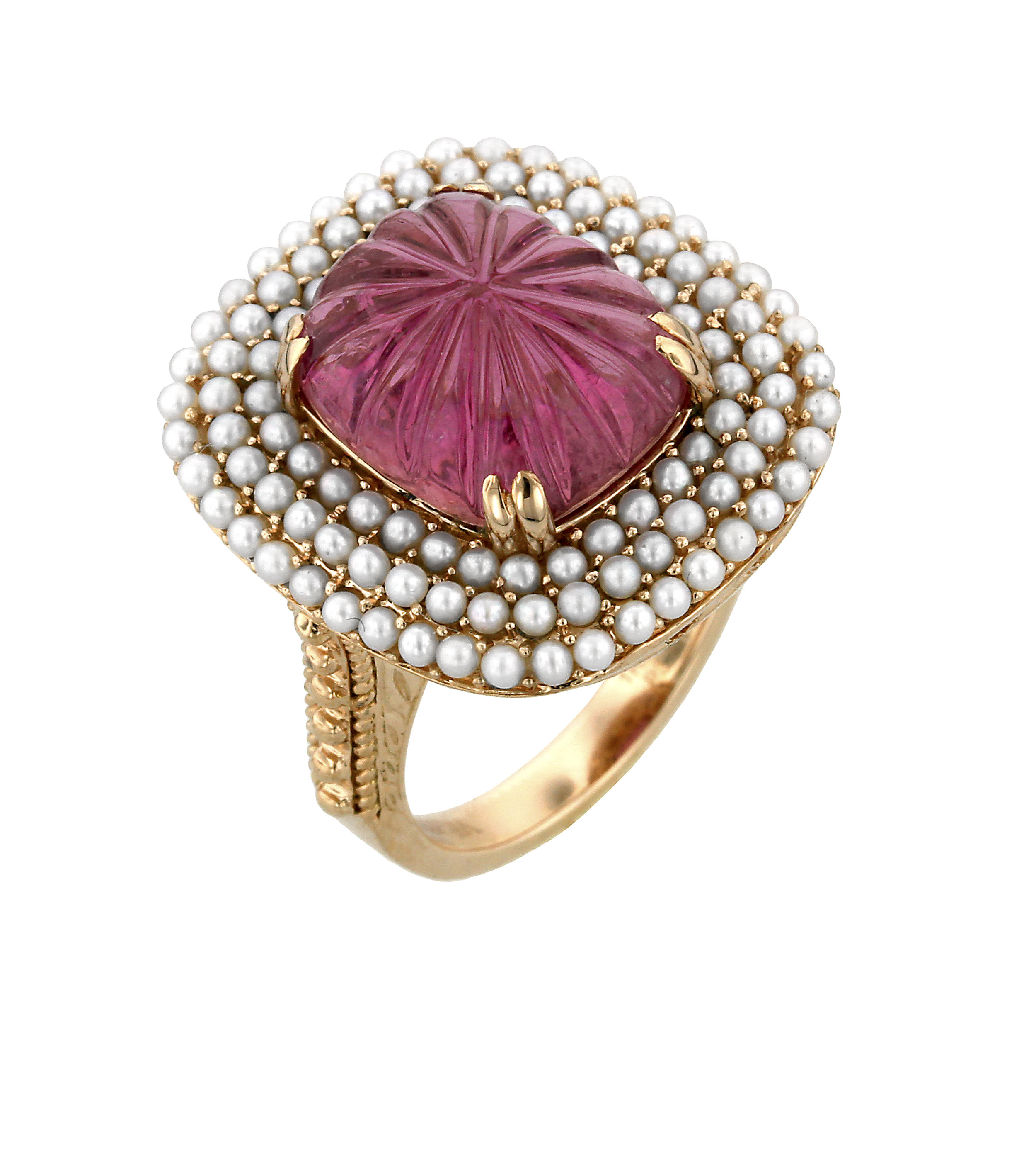 Carved Tourmaline and Pearl Ring