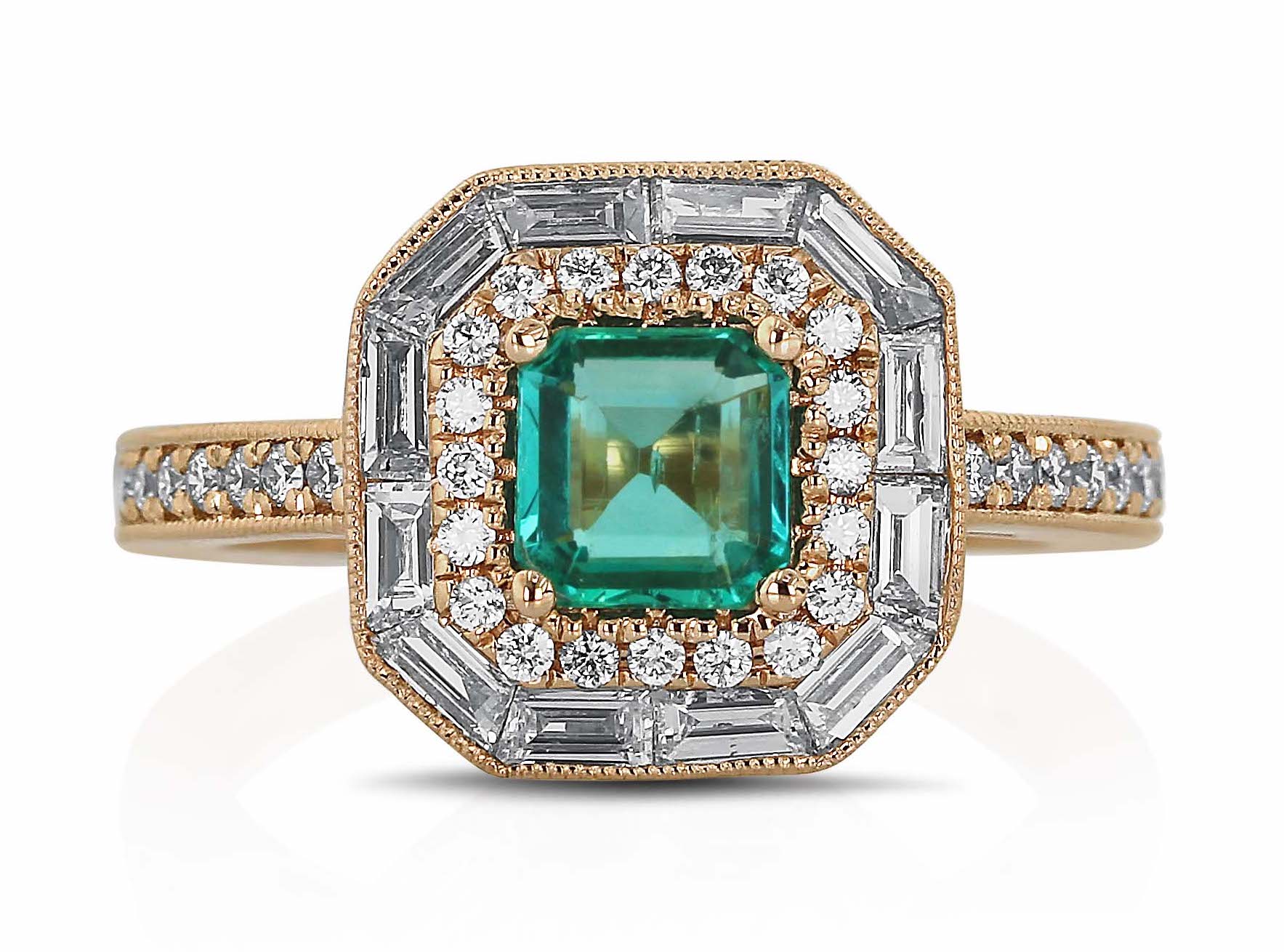 Emerald Ring with Diamond Halo in Rose Gold