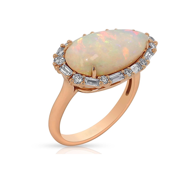 Opal Ring with Baguette Diamond Halo