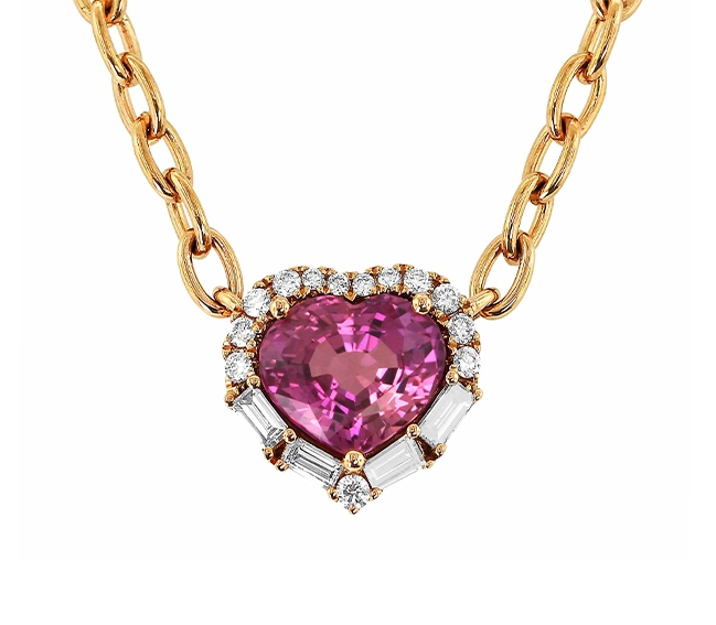Pink Sapphire Heart Necklace with Diamond Halo
