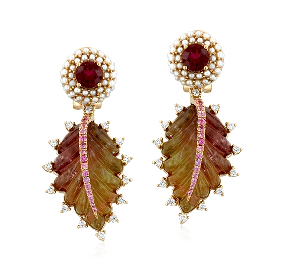 Carved Tourmaline Garden Party Leaf Earrings
