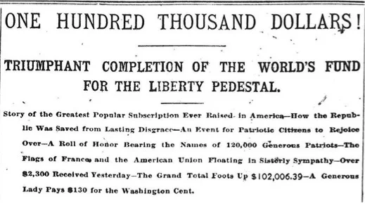 Détail de l'article du New York World - 1885. 120 000 donateurs se sont mobilisés, et la somme de 102 006,39 dollars a été récoltée