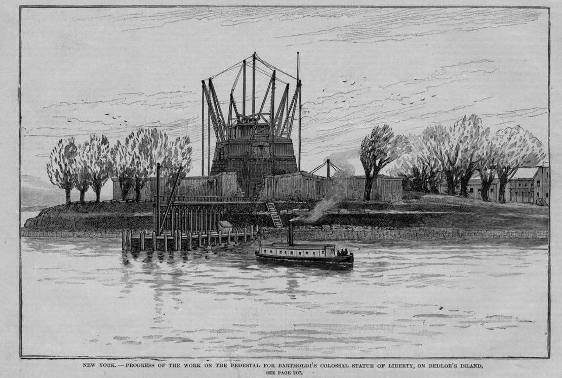 Gravure - Les travaux du piédestal sur l'île de Bedloe - 1885-86 - Source nps.gov