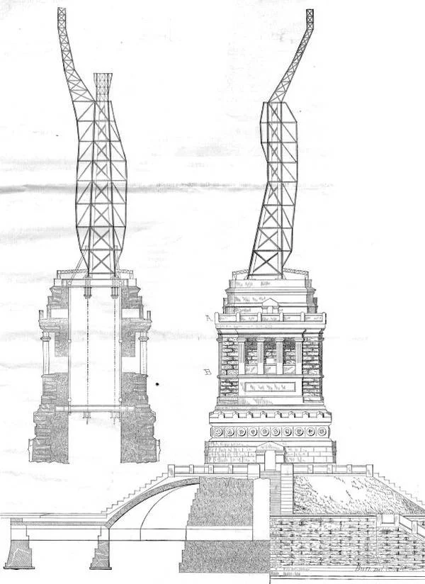 Assemblage de la structure d'Eiffel sur le socle de Hunt - 1885 - source: nps.gov