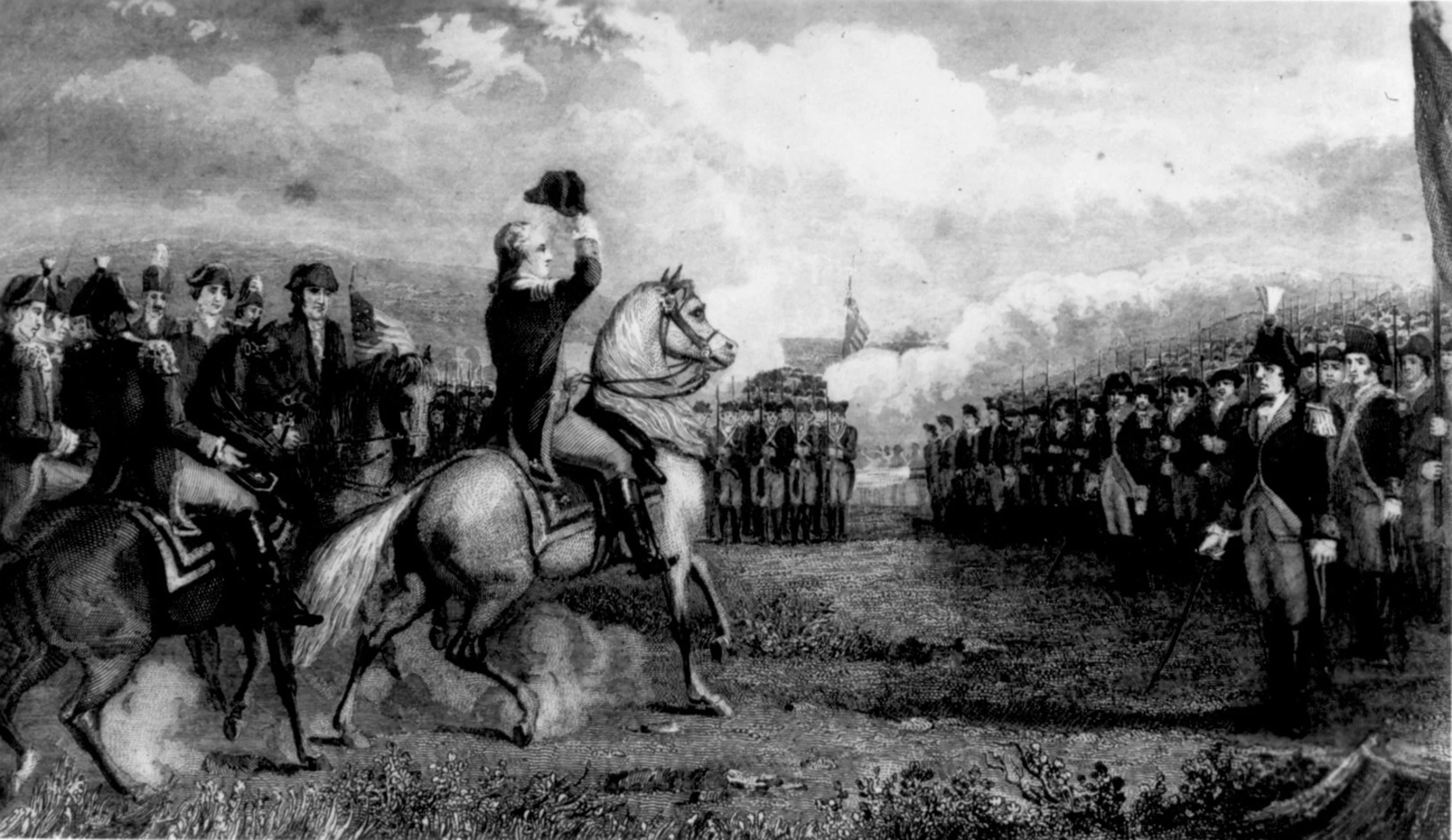 Source Wikipedia: George Washington prenant le commandement de l'armée continentale (l'armée des 13 colonies d'Amérique)