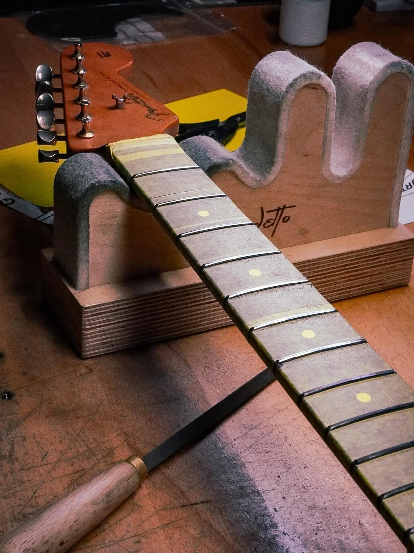Fretlevel, recrown and polish up for the is Fender Roadworn Strat! #fender #fenderstratocaster #whatsonyourbench #southamptonguitarrepairs