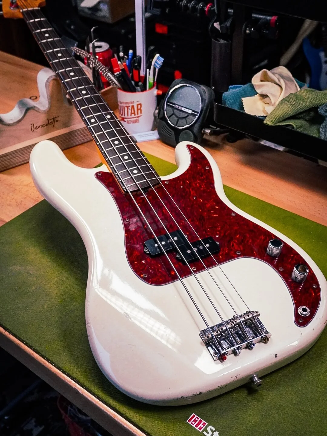 A Precision bass with Labella flatwounds is always the right call! This killer Squier JV Precission bass from 83 was on the bench today for a setup and a fresh set of strings. The neck needed a tweak as it had a back bow but luckily the truss rod wor