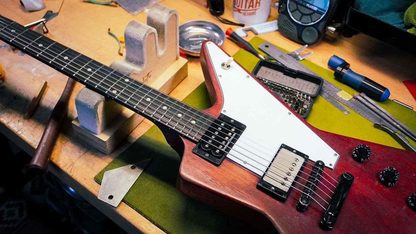 Easter Weekend has been a busy one so far. A lot of exciting behind the scenes stuff as well as some fun repairs. I spent my evening finishing this Gibson Explorer off. It was in for a new nut and a setup. It&rsquo;s turned out great and I can&rsquo;