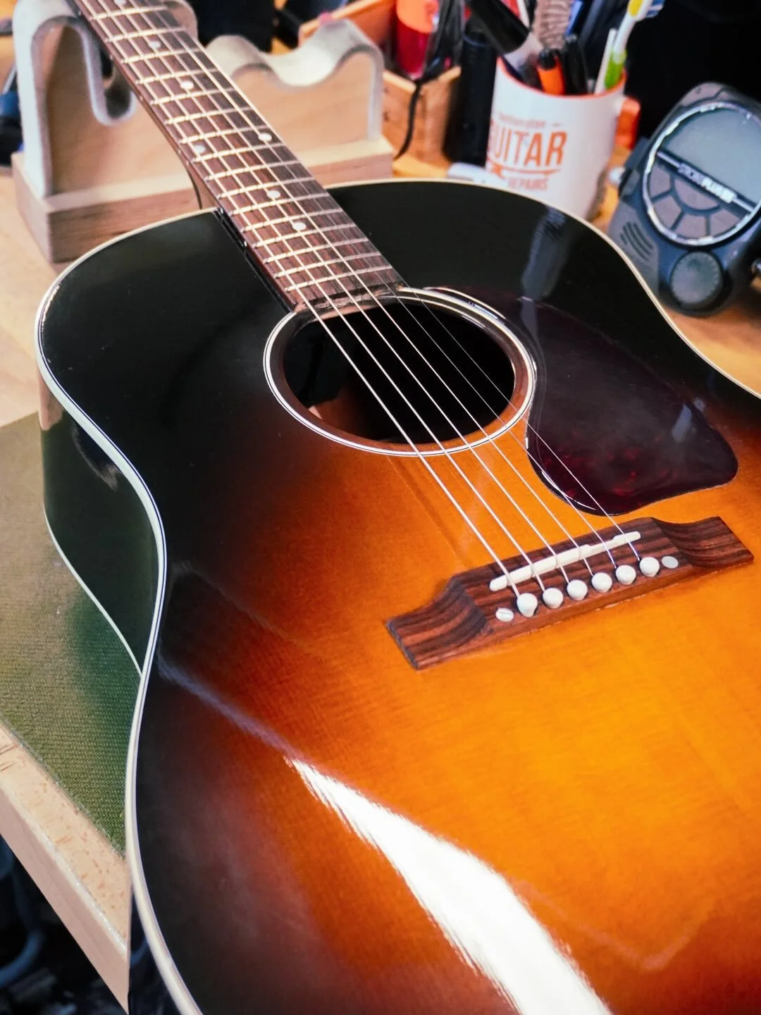 Such a busy morning at the workshop today! A few guitars dropped off and these two in for a quick restring and tweak as they&rsquo;re across the car park at The Ranch Studio recording this weekend. So handy I&rsquo;m here just in case they need anyth