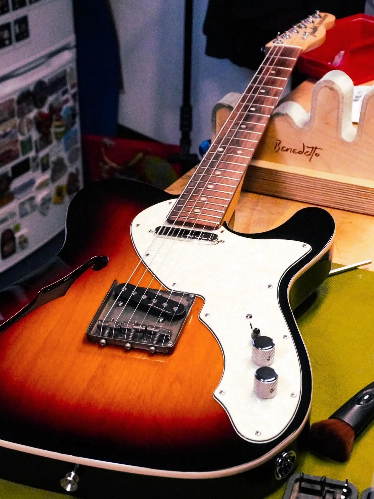 Another super busy day at the workshop finishing off this lovely Fender Deluxe Telecaster Thinline! Lots of cool but subtle mods to this one. New Callaham bridge with compensated saddles. Plus a new jack socket and jack plate to replace the old style