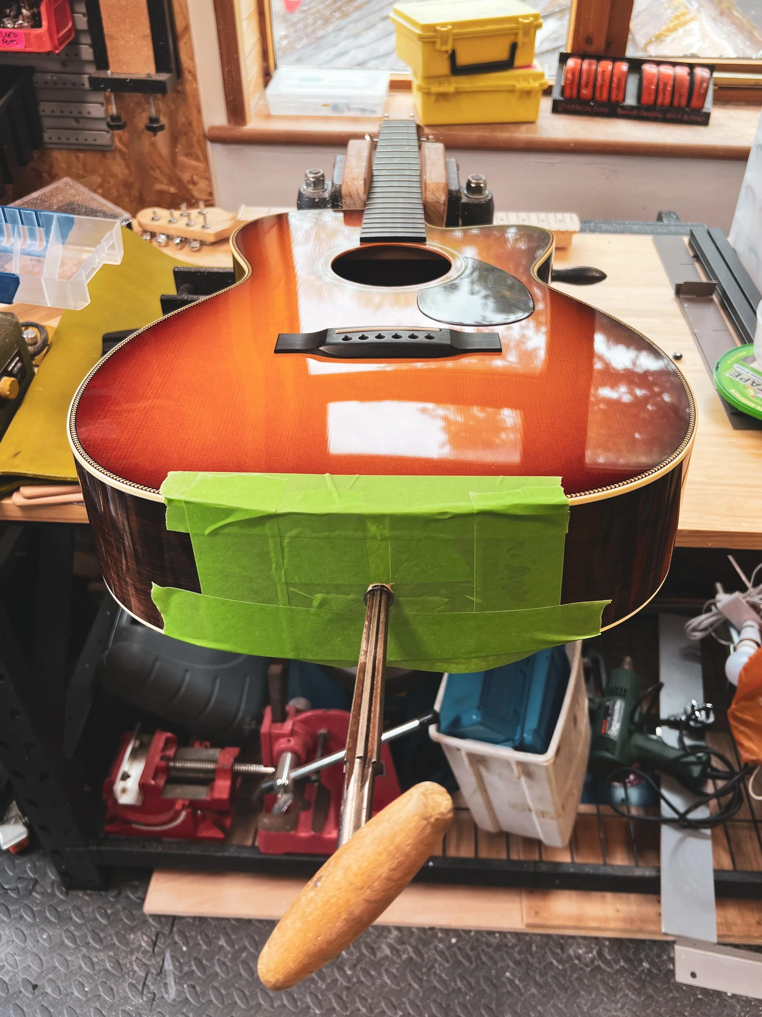Working flat out at the moment but making sure I&rsquo;m taking my time with everything as well. This beautiful Collings is in for a setup and to have an L.R.Baggs Hifi Duet pickup system installed. Teeming the out the endpin jack socket on a super h