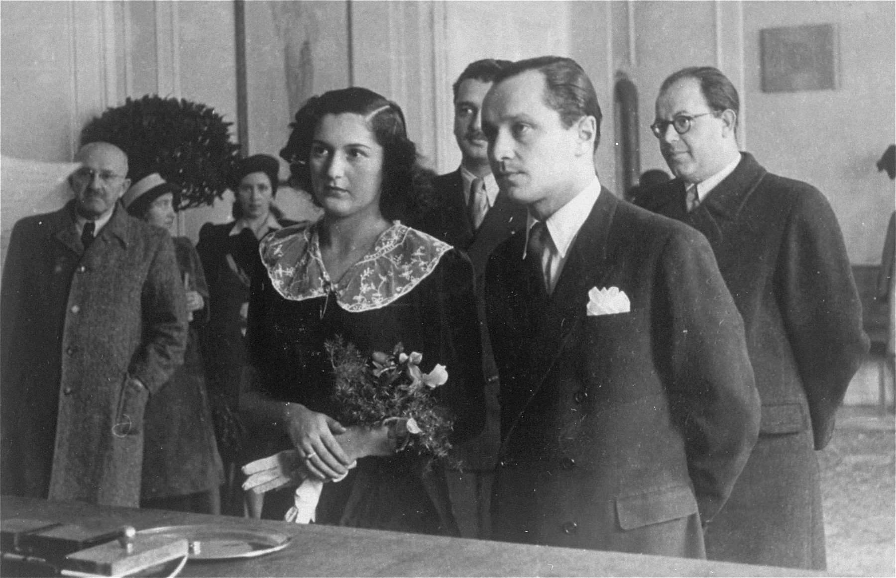 The marriage of Czech-Jewish survivors Frantisek Kohn and Gertie Gans before a judge at the city hall in Prague, image courtesy of United States Holocaust Memorial Museum