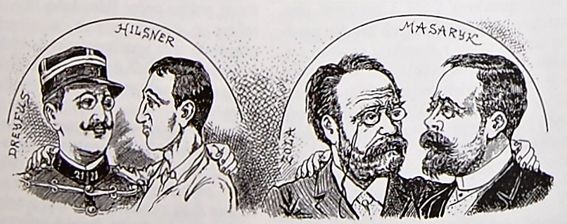 Contemporary caricature comparing the Hilsner affair to the Dreyfus affair, 1900.