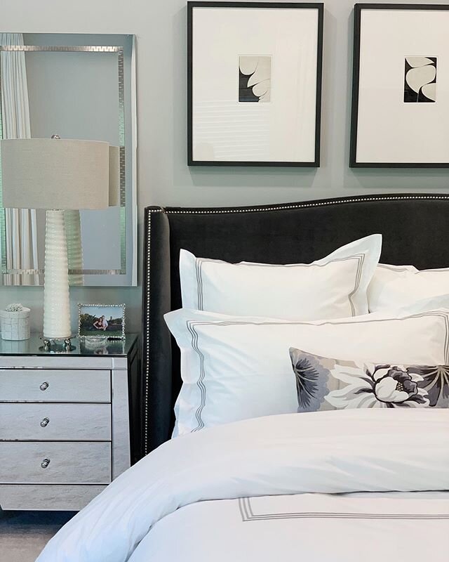 After ➡️ Before. I was able to keep every existing piece in the space allowing more budget for the finishing touches. Bright whites, larger scale lighting, accent furniture, pillows + the right accessories gave our client&rsquo;s master bedroom a bre