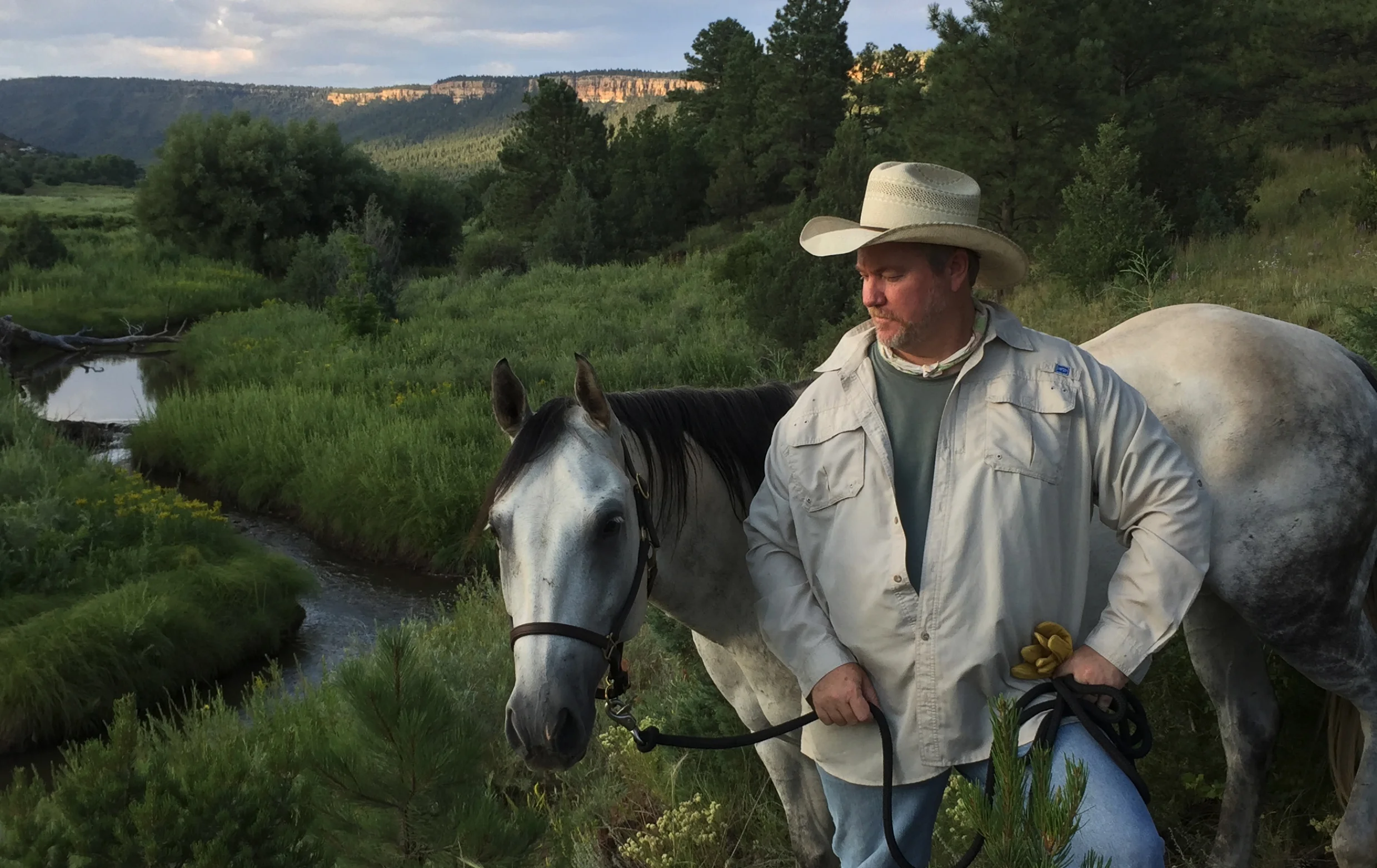 Artist Marshall Monroe at his Ranch in Northern New Mexico with his 9 year-old quarter horse, Magic