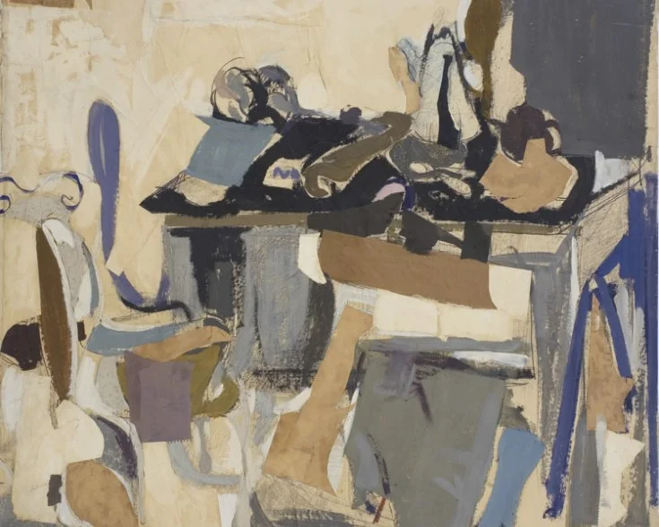 Biala, Table Chargee (fond fonce a droite), 1963, collage, pencil, oil on canvas, 51 1/2 x 45 inches