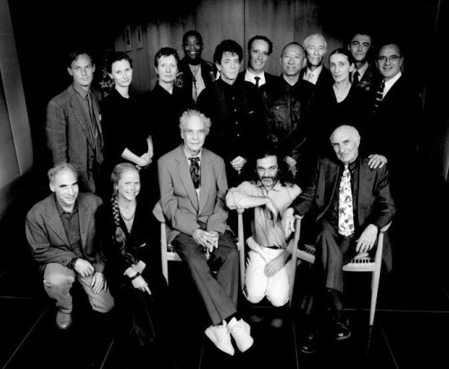 Harvey Litchenstein (seated far right) with the first artists of the New Wave Festival, BAM, 1997 (Front row from left: Jene Highstein, Kristin Jones, Merce Cunningham, Mark Morris. Back row includes Andrew Ginzel, JoAnne Akalaitis (third from left), Bill T. Jones, Lou Reed, Ping Chong and Pina Bausch (third from right) among others. Photo: Joanne Savio for The New York Times
