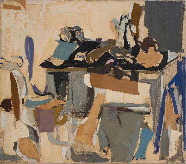 Biala, Table Chargee , 1963, Torn paper collage with paint on canvas, 25 x 51 in. (63.5 x 129.5 cm)