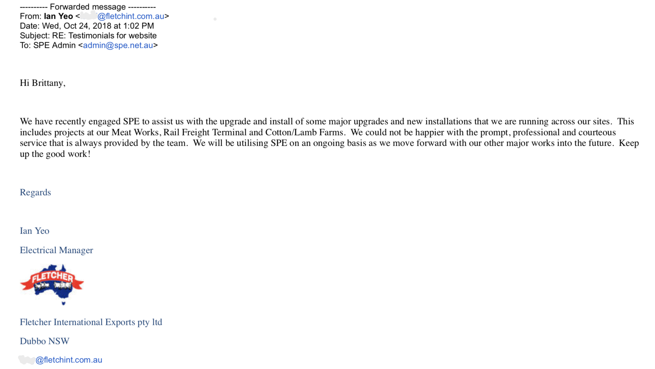 Fletchers testimonial for Specialized Electrical