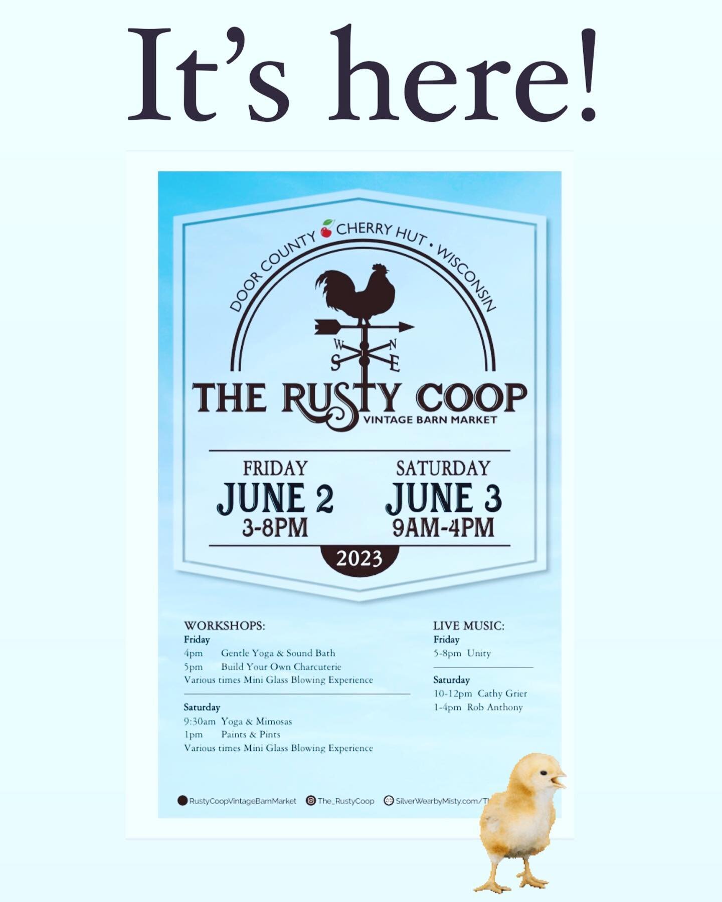 It&rsquo;s HERE!!

The Rusty Coop🐓
June 2nd + 3rd
The Cherry Hut, Fish Creek, WI 

$5 entrance fee (at the door or Eventbrite)
12 and under free
Dog friendly🐾

Presented by @silverwear_by_misty 
Hosted at @dccherryhut 
Sponsored by @bridgeupbrewing