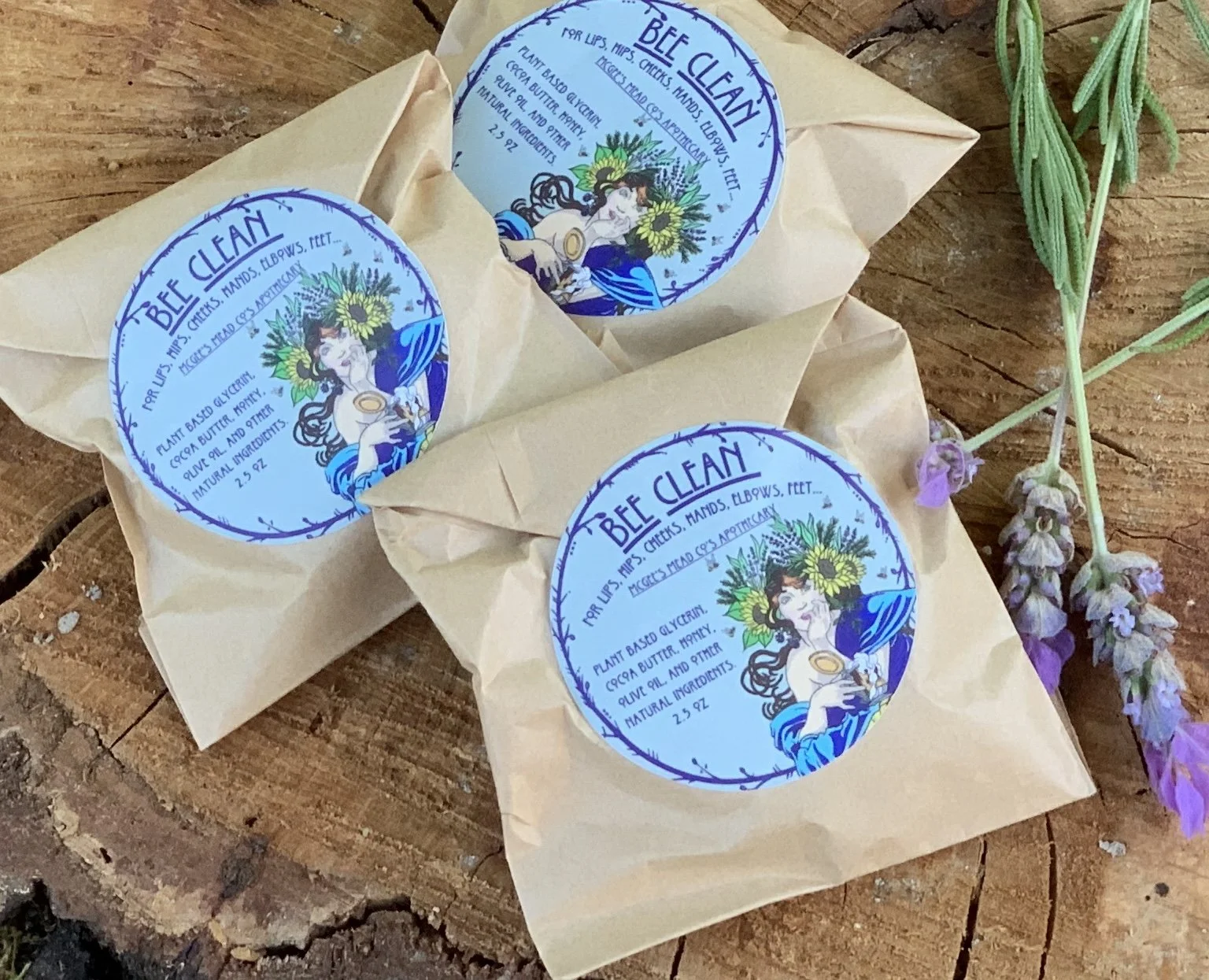 bee clean packaged soap, on a log, close up.jpg