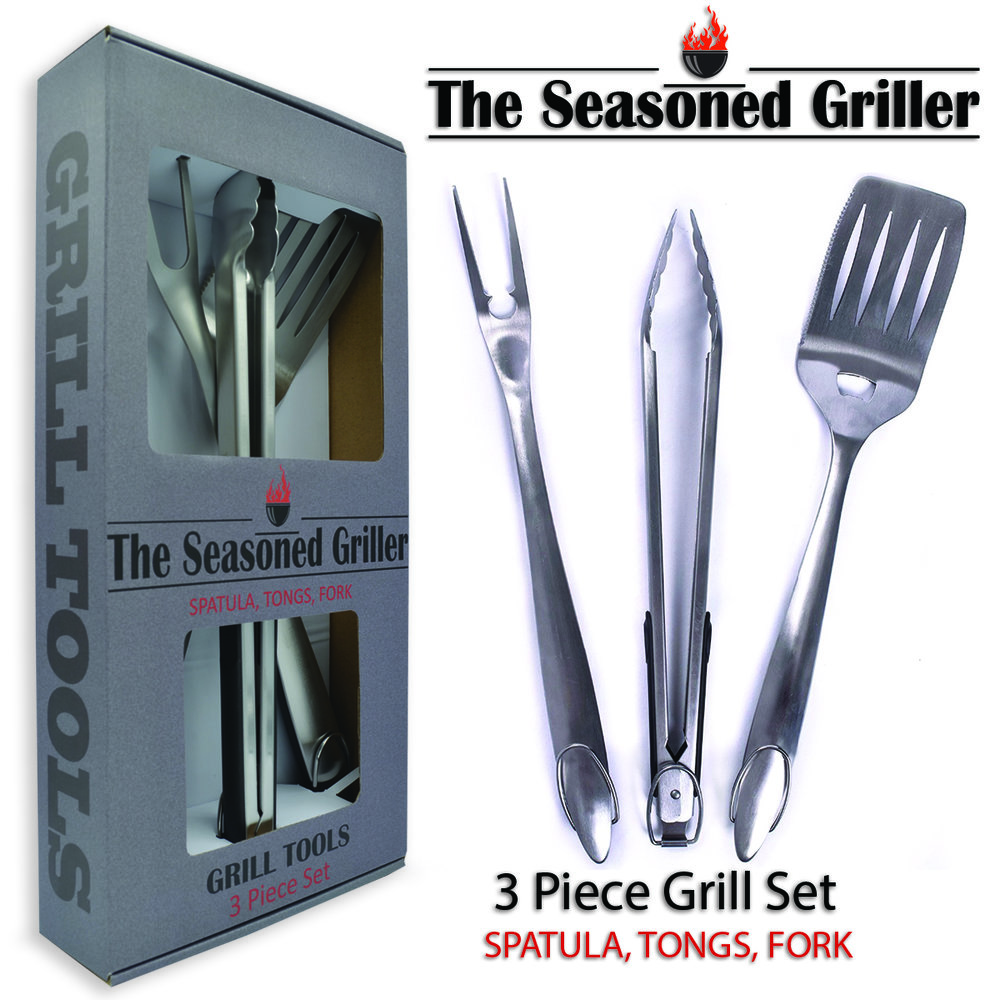 Deluxe 3 Piece Grilling Extra Long Tool set, Fork, Spatula & Tongs —  Seasoned Griller