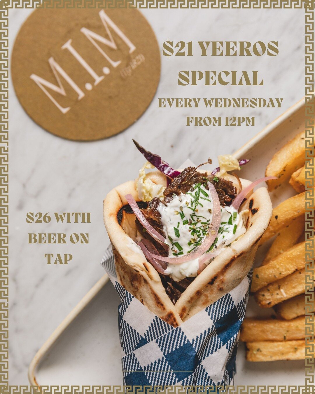 Upgrade your lunch game with our Yeeros lunch special! Join us every Wednesday from 12pm for our mouthwatering Yeeros wrap served with crisp, golden chips for just $21 - or complete your meal with a refreshing beer on tap for $26 - all served at our 