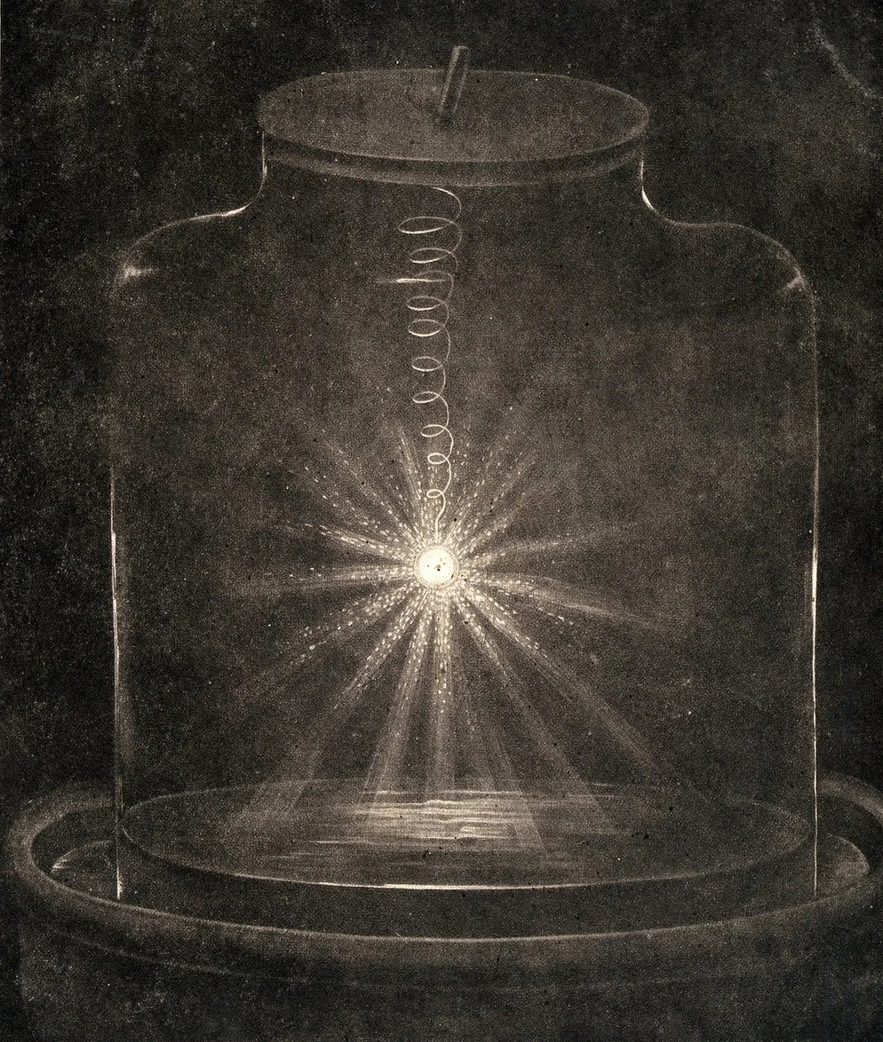 A piece of steel wire burning in oxygen inside a glass jar. Mezzotint, 1809. Wellcome Collection.