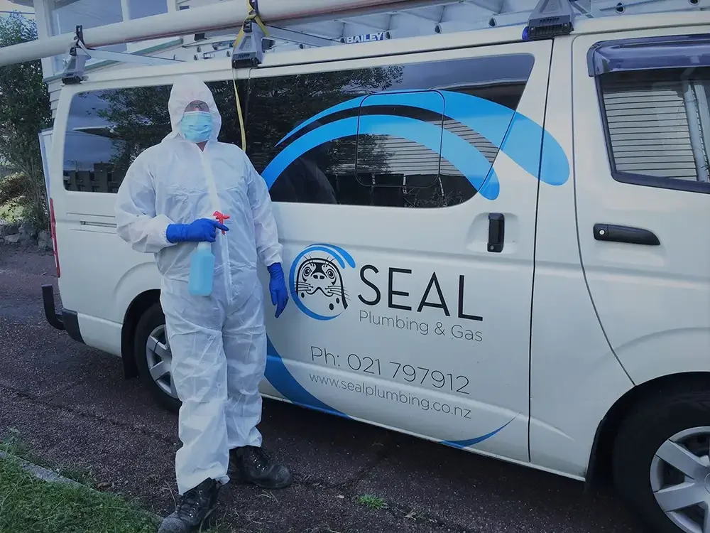 Seal Plumbing Staff Member infront of Seal Plumbing Van