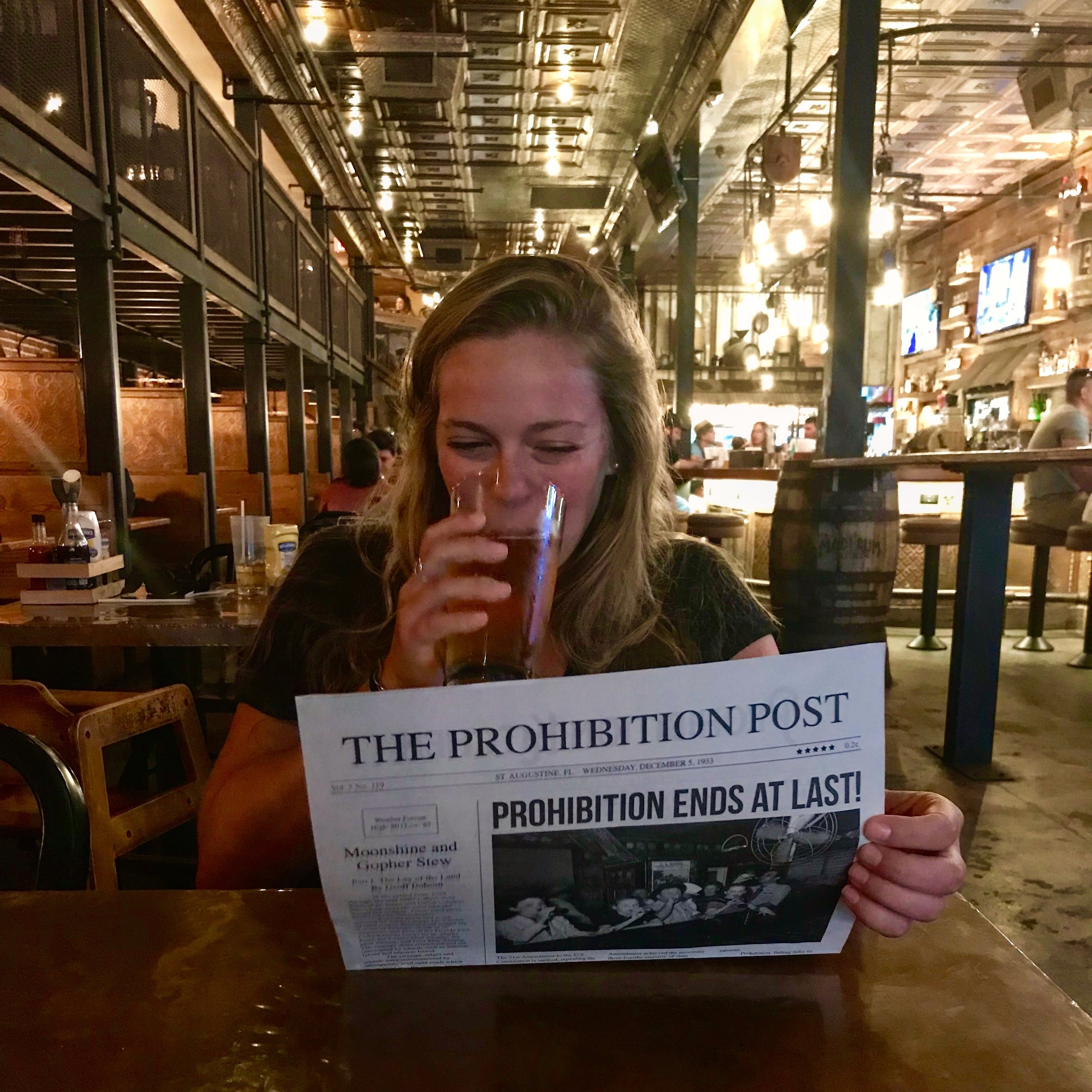 Hilary enjoying her first beer since the end of Prohibition!