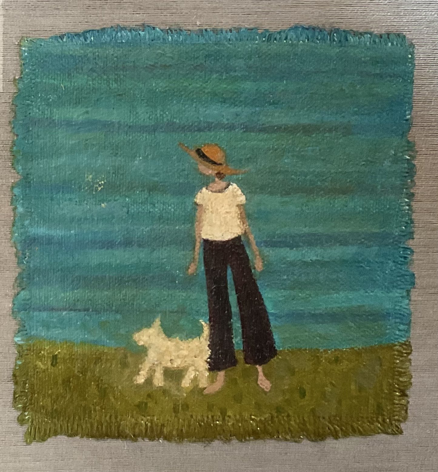Puppy in Sunset. 4” x4”, Oil on Linen, c2024.