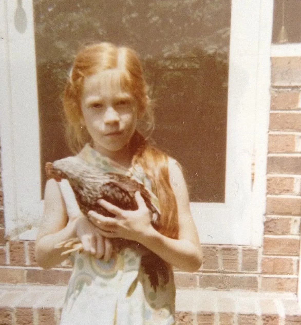 There is a chicken in this image.