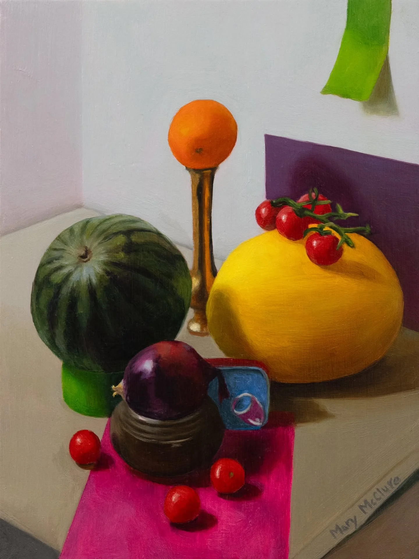 Thinking of titles is not fun - ended up calling this "Color and Balance" because "look at how intense colors and muted colors look all junbled together - tape is more green than a watermelon, but an onion is more intensely purple than