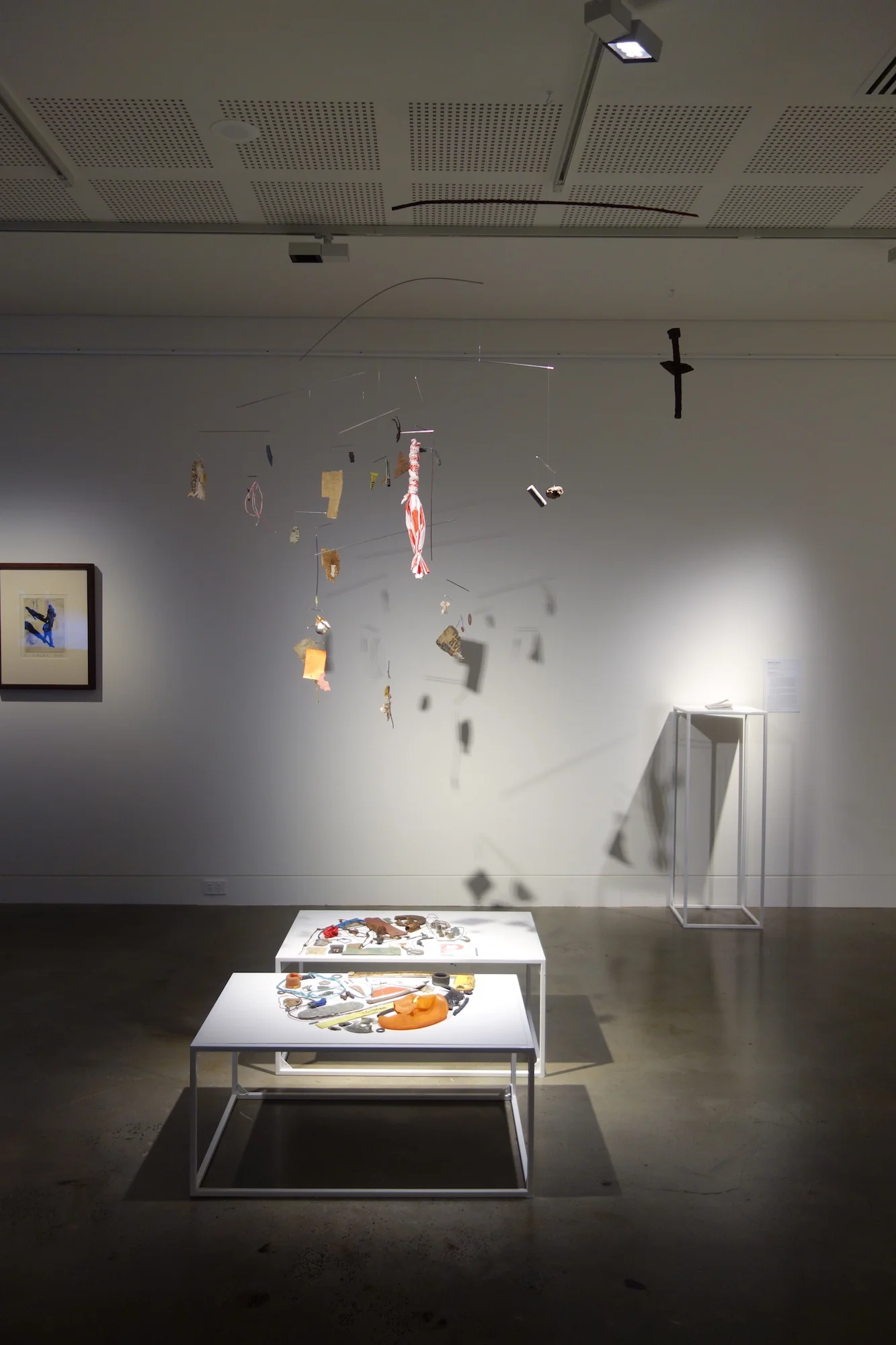 Rebecca Gallo,  An irregular dancing (Lismore) , 2018, objects found on two walks in Lismore, stainless steel, fishing line, steel wire. Installation view at Lismore Regional Gallery, 2018. 