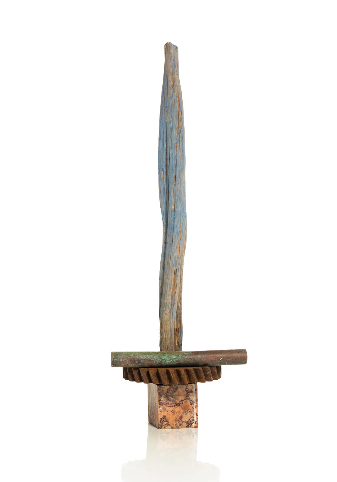 Rebecca Gallo, Small wins 3 , 2017, wood, pigment, found metal, trophy base. Photo by Document Photography.