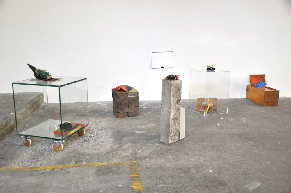  Rebecca Gallo,  Collection: Marrickville/Balmain , 2014, objects collected on walks around Marrickville and Balmain, borrowed plinths, oil paint on cardboard and objects. 