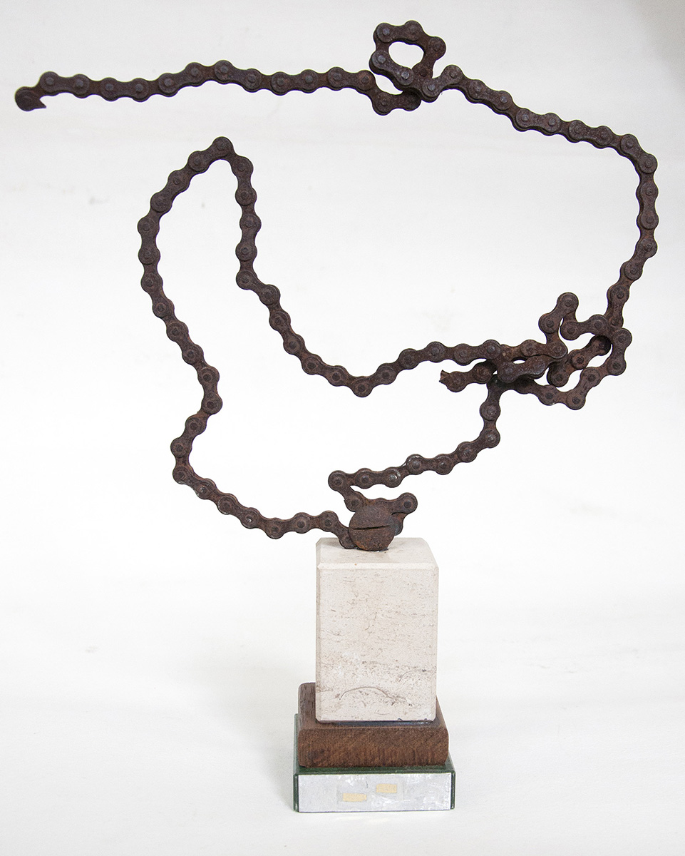  Rebecca Gallo,  Small wins 7 , 2018, granite trophy base and centre block, redacted engraving, timber, found metal, 30 x 33 x 8 cm 